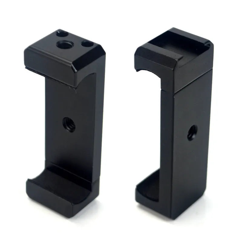 Silver aluminium alloy handheld phone mounting bracket for table top tripods, shown next to an iPhone.