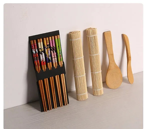 Sushi tool set with bamboo rolling mat and white plastic rice paddle for home sushi making