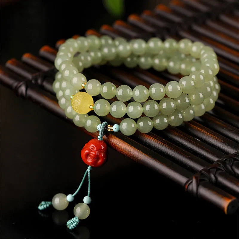 Pale blue Hetian jade bracelet with 6mm beads in three-circle adjustable design
