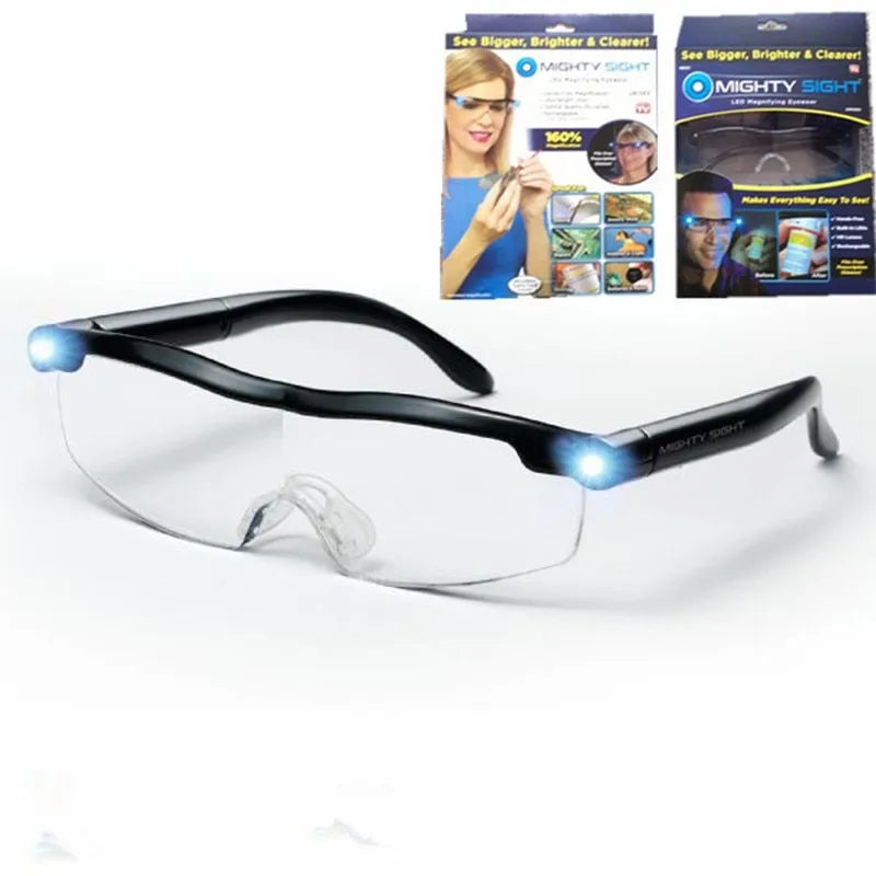 Transparent black USB LED reading glasses with scheduled light control on desktop