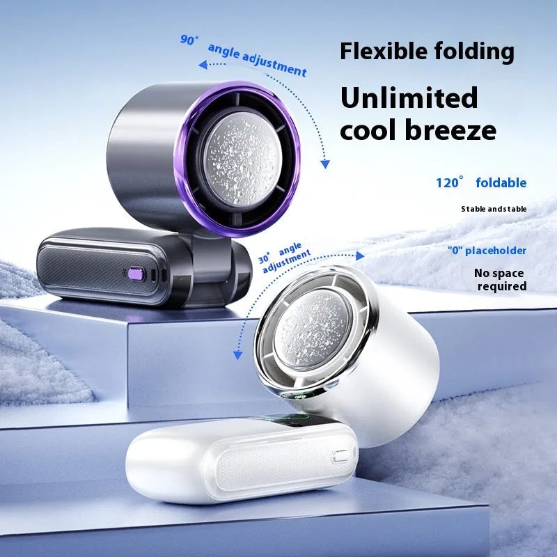 USB rechargeable handheld folding mini fan showing adjustable speed controls and compact folded design