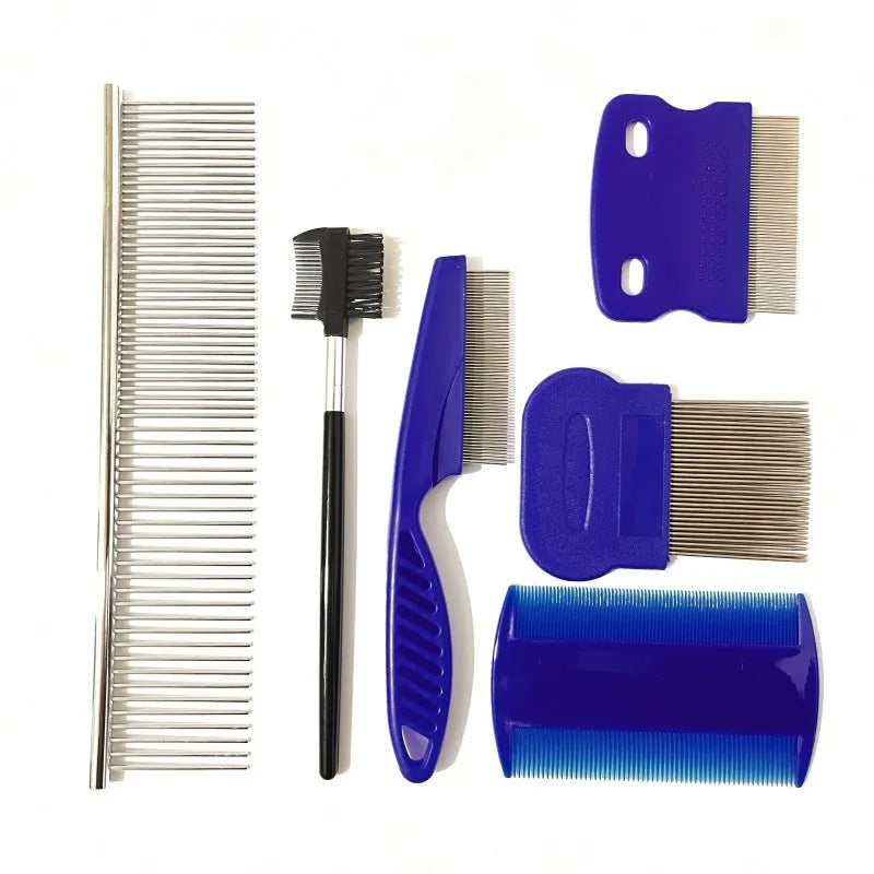 Blue handle stainless steel dense gear pet flea comb 4-piece set for dogs and cats
