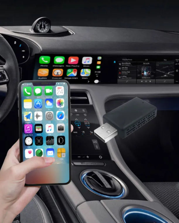 Black 2-in-1 wireless car adapter with USB port for Android device charging