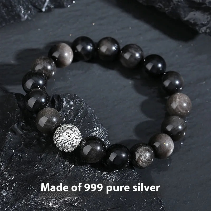 12mm obsidian geometry bead bracelet for men with Fu character and sterling silver accents