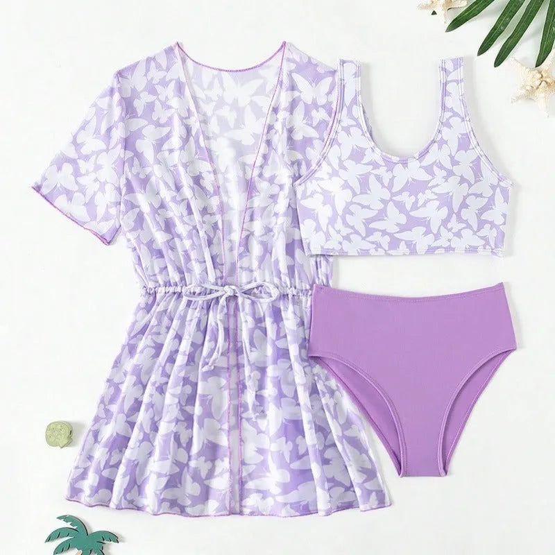 Girls' three piece split swimsuit set in colour 3218 showing coat, vest and matching briefs