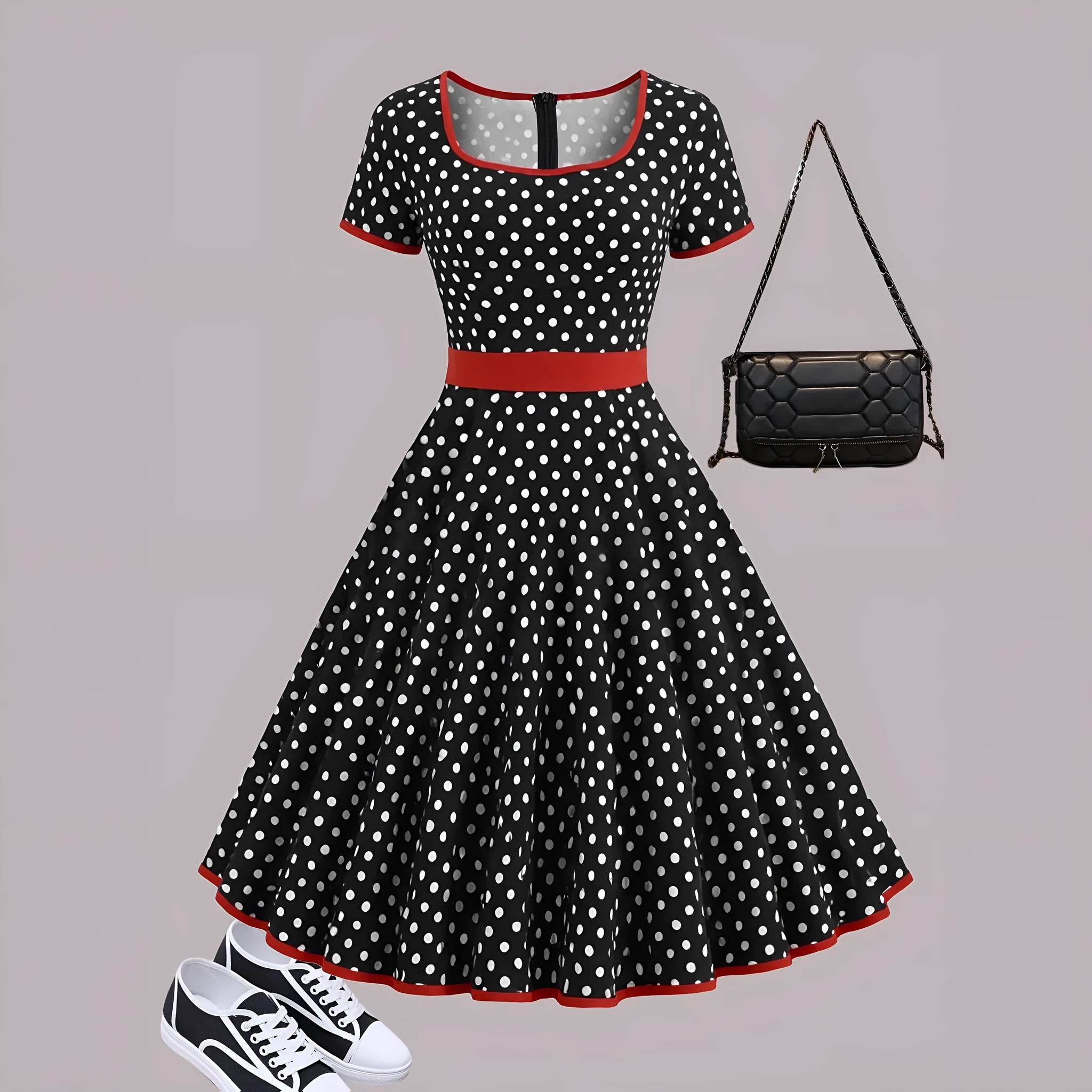 Women's multicolour polka dot midi dress with a square collar, short sleeves, and a front zipper.