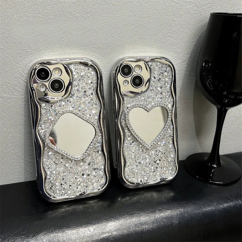 Cream shell high flash epoxy phone case with heart shape mirror in Silver for Apple iPhone