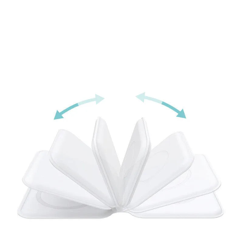 White foldable magnetic wireless charging dock shown open with two phones charging.