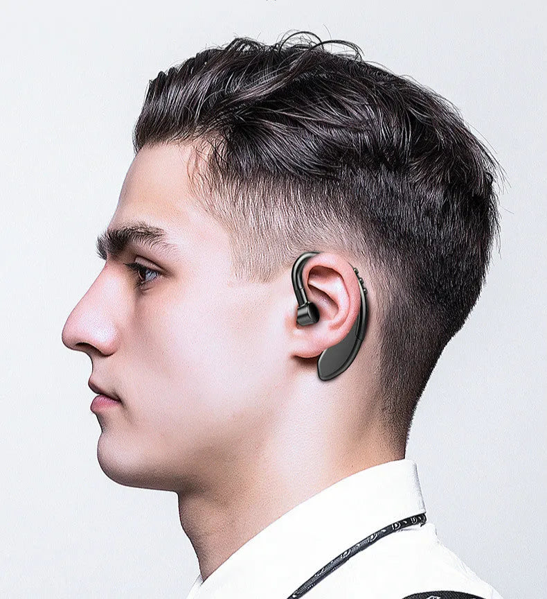 Black wireless TWS stereo earbuds with charging case on a white background