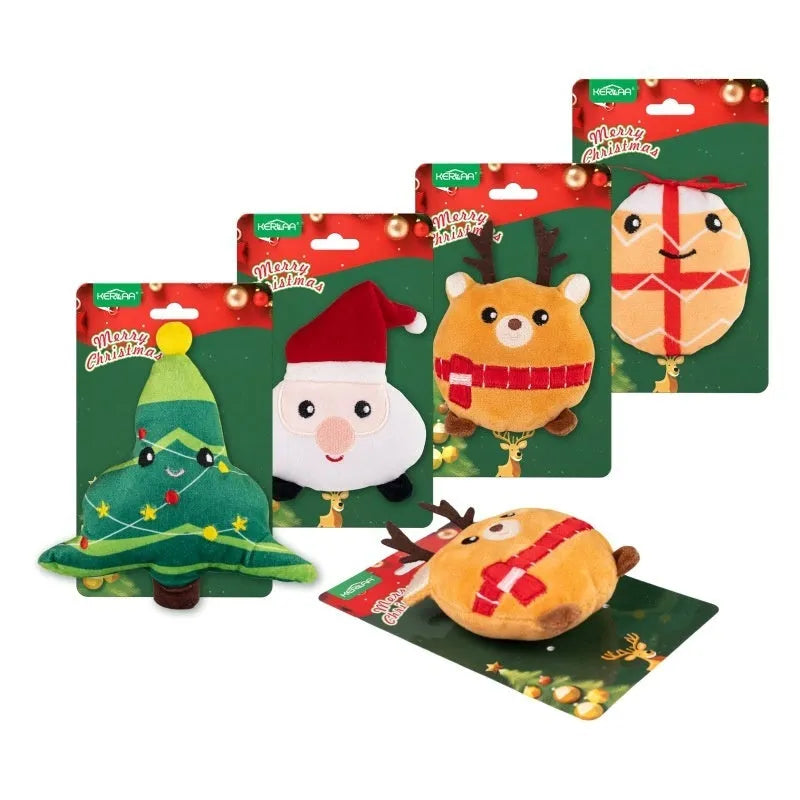 Christmas cat plush toy with catnip in festive designs including elk, tree, Santa and egg