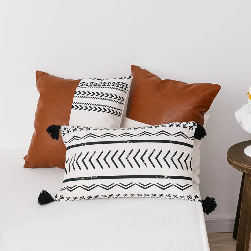 Double sofa cushion in cotton canvas and leather-look fabric, 45x45cm or 35x50cm, PP cotton filling, hidden zipper