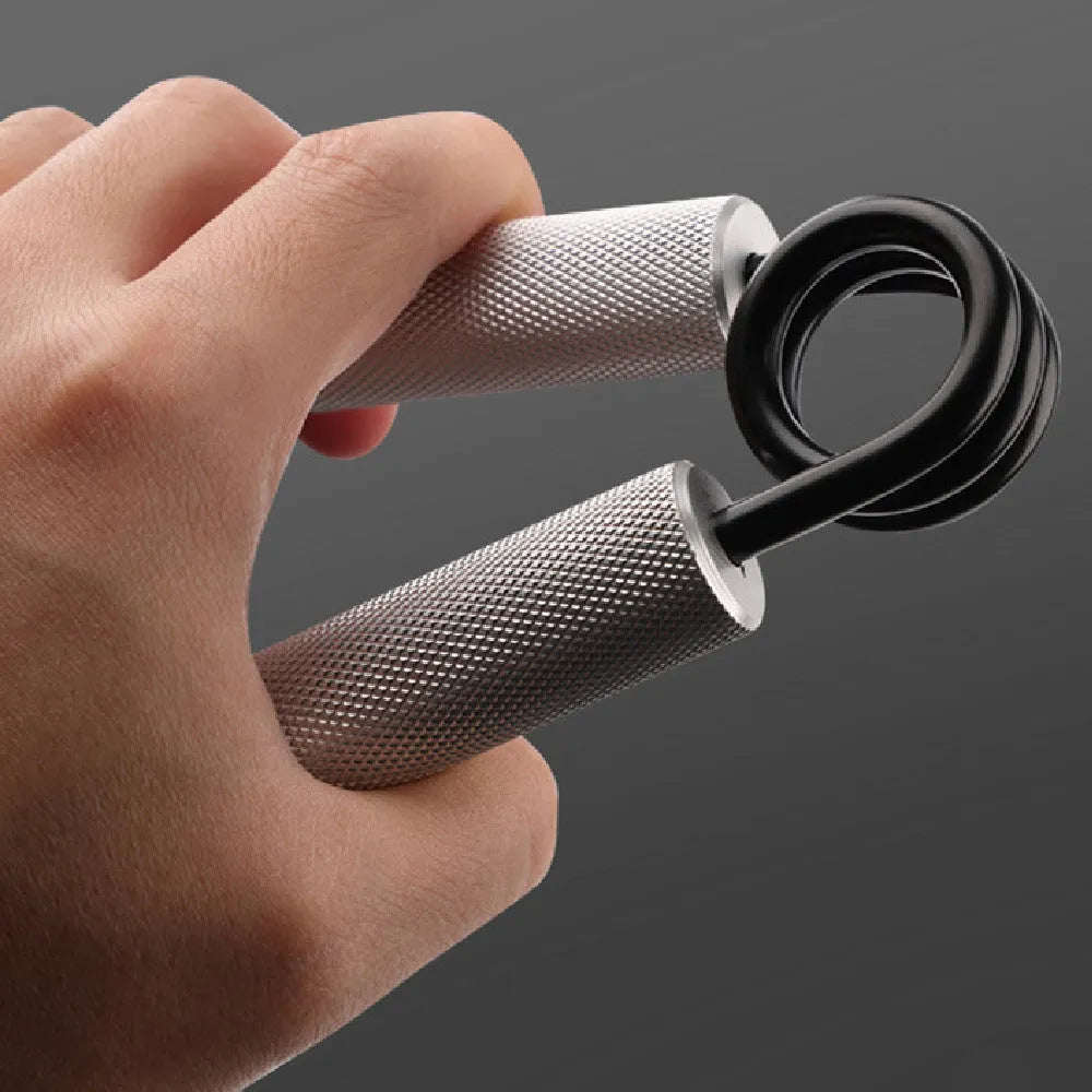 Aluminum alloy spring grip hand gripper with silver, black, red, or blue handle and 100lb to 350lb resistance options