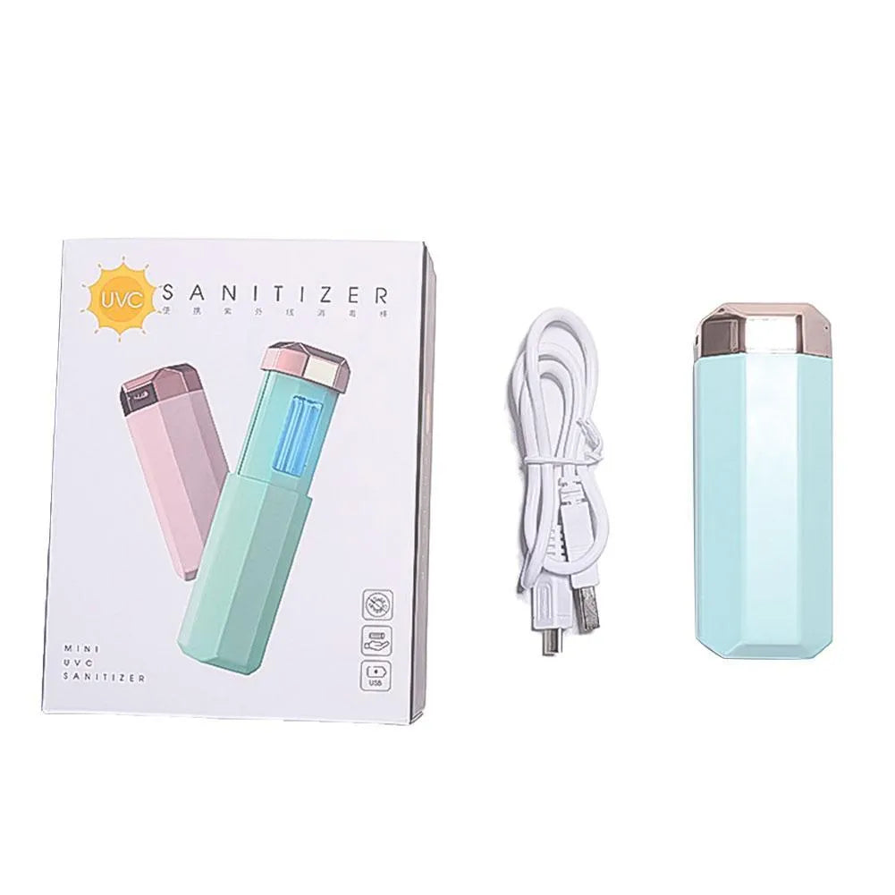 Portable UVC ozone USB germicidal wand in blue, folded, with 37.5x37.5x98mm dimensions