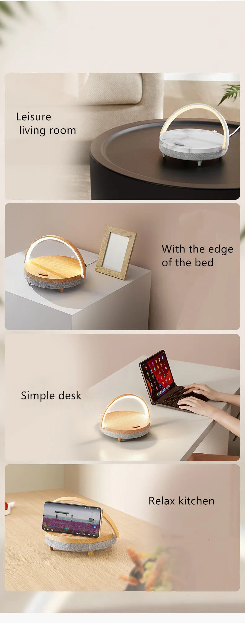 Multi-function wireless charging night light with Bluetooth speaker in marbling colour, ABS+PP build, 191x203x55mm