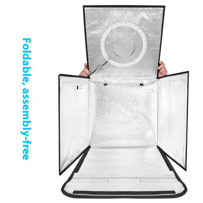 50cm small studio light box with metal frame and white reflective cloth interior, showing folded design.