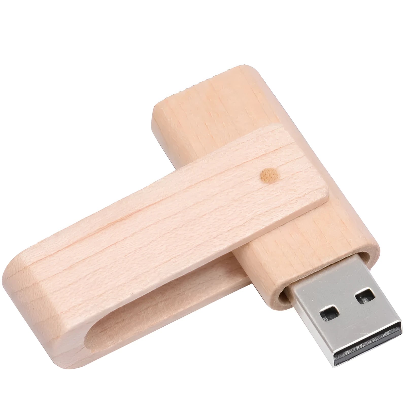 Pink wooden USB flash drive 2.0 with rotating clip, 60x19x8mm, on a plain background