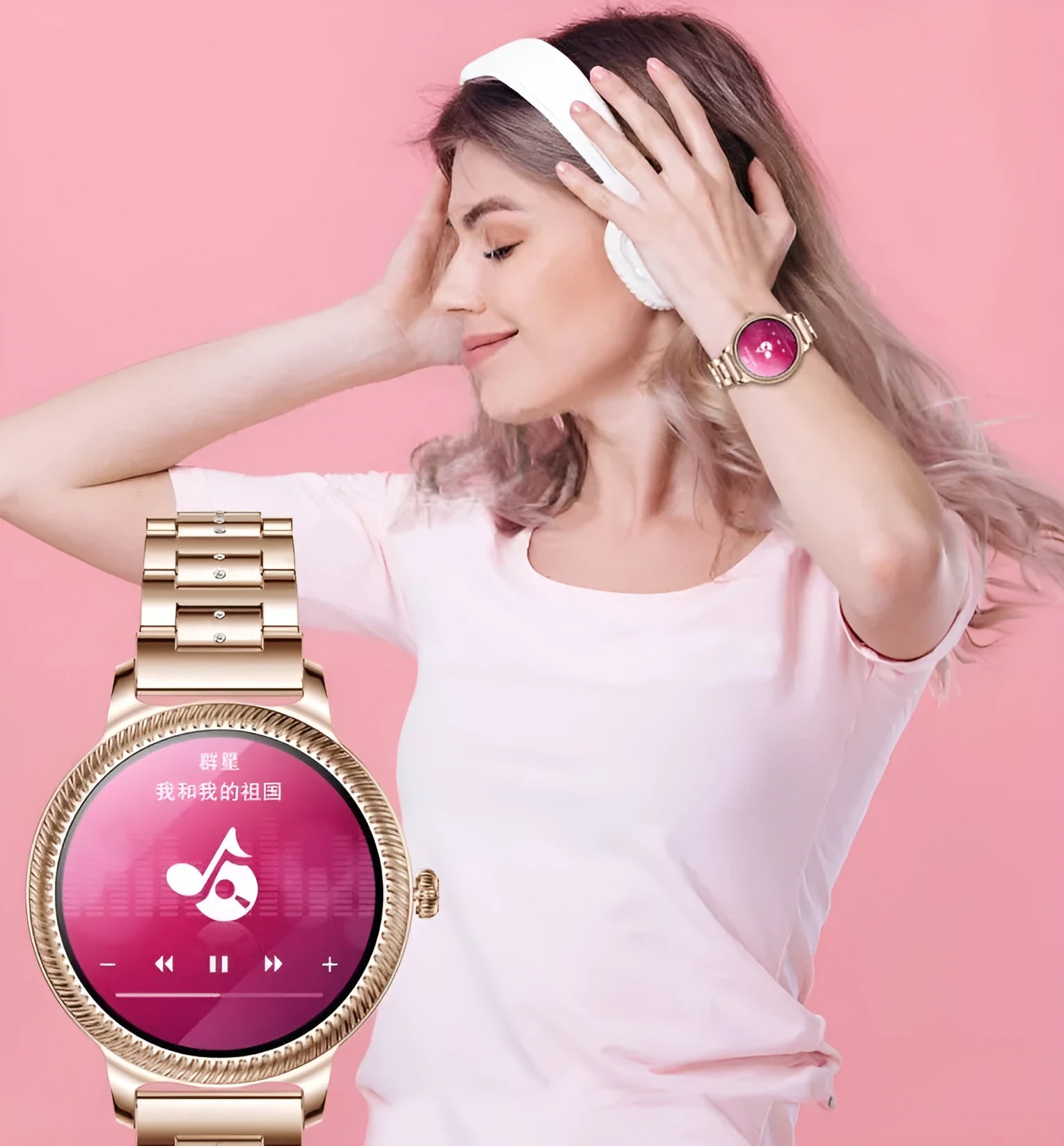 AK38 ladies smart watch with stainless steel Milanese band showing on a wrist.