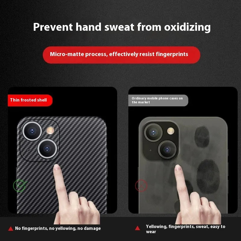 Black ultra-thin hard shell phone case with carbon fibre grain finish and anti-fingerprint PP rear cover.