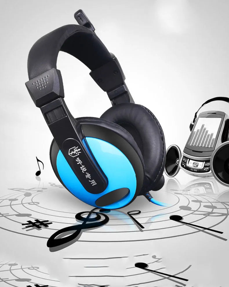 Blue and red wired gaming headset with over-ear cups and a boom microphone.