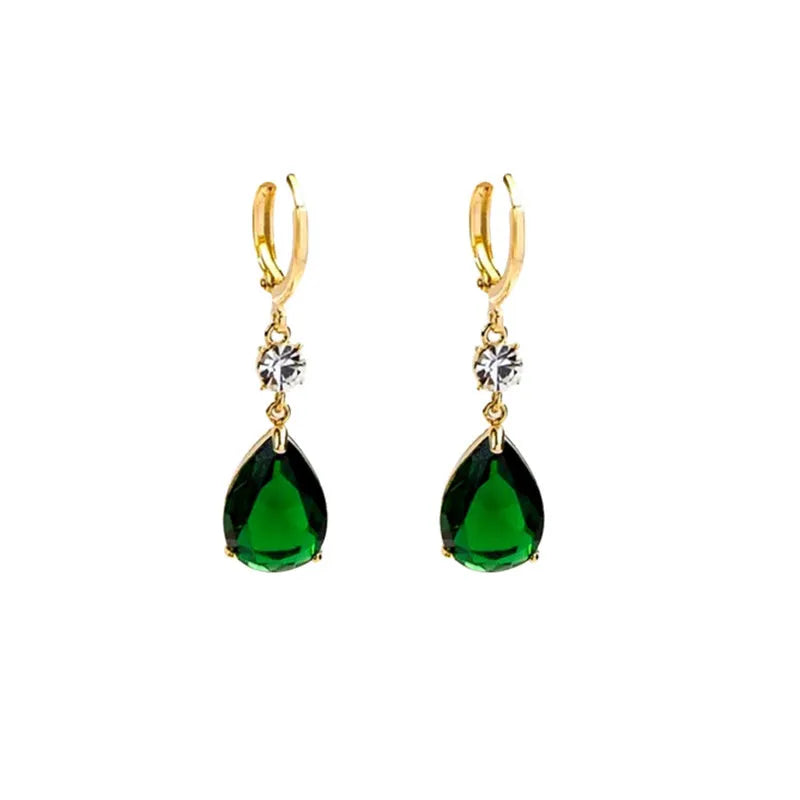 A pair of green geometric teardrop-shaped dangle earrings made from alloy.