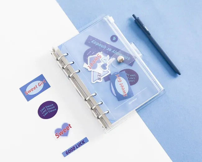PVC transparent removable notebook with loose-leaf binding and Daolin paper pages in A6 size, blue colour option