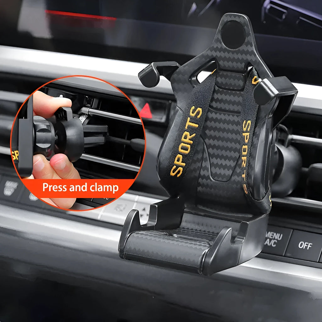 Racing seat shaped 360 degree rotatable car air vent phone holder with gold tape colour option