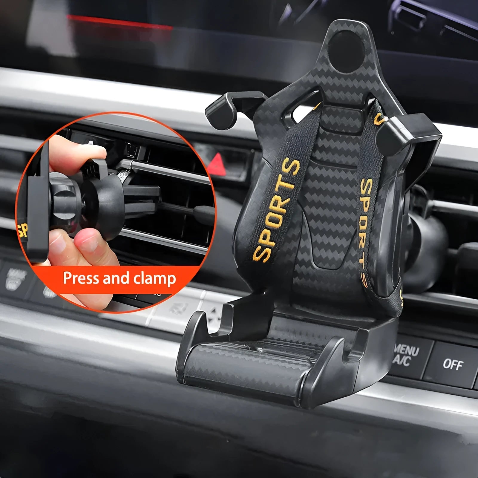 Racing seat shaped 360 degree rotatable car air vent phone holder with gold tape colour option