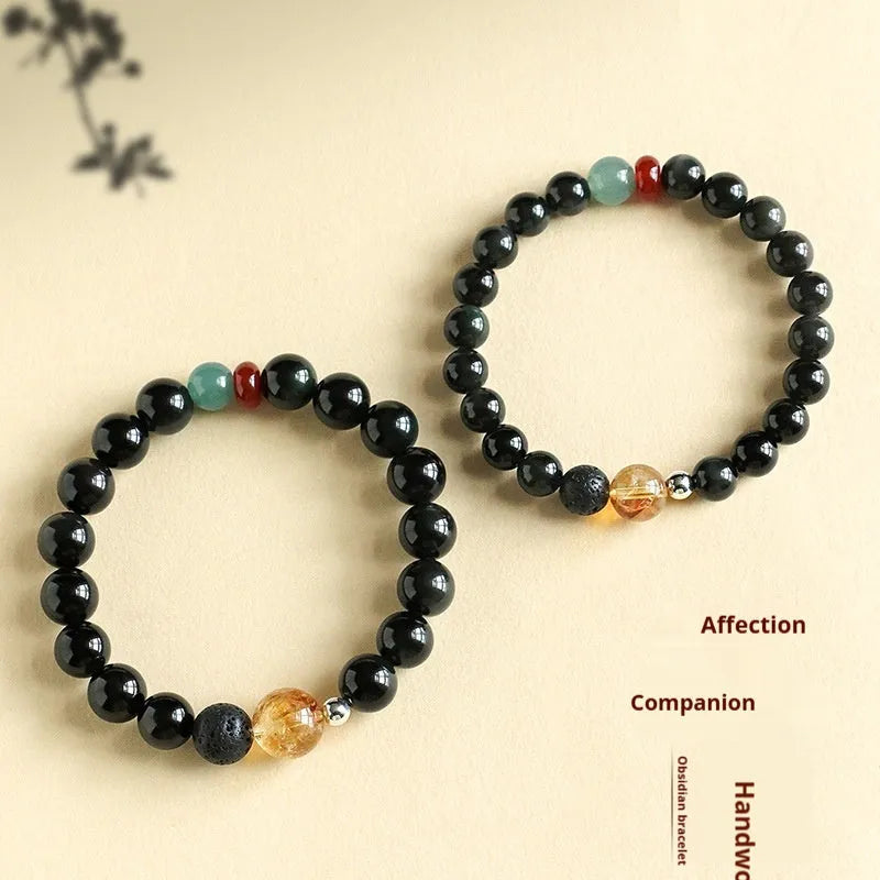 Chinese-style obsidian yellow tower crystal agate jade couple bracelet with 8mm or 10mm bead options