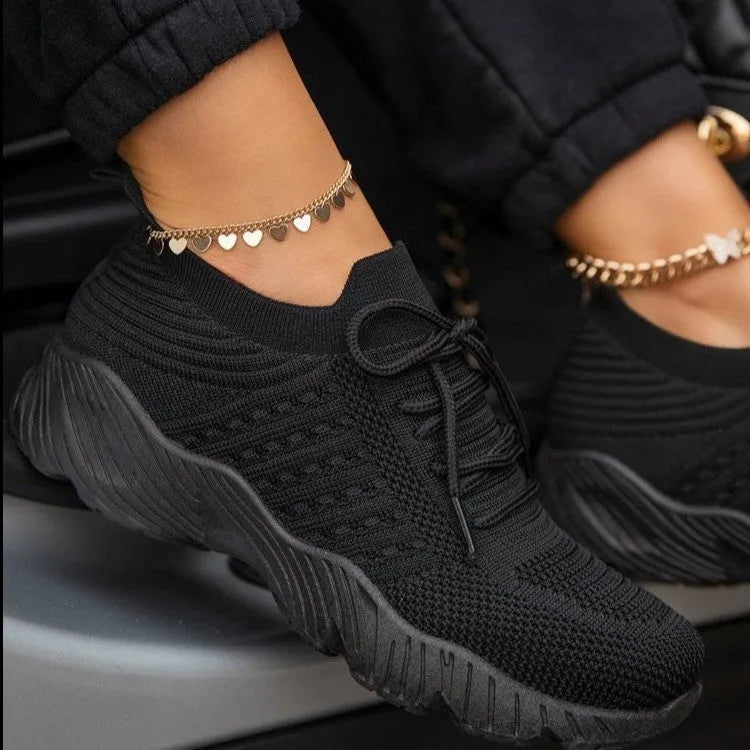 Women's thick sole sports sneakers in black, white, red, blue, grey, khaki, pink or light blue colours