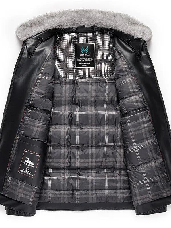 Business casual men's leather jacket in solid black colour, front view, size M to 4XL
