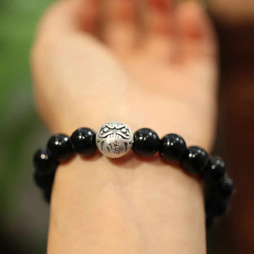 Black agate bracelet with 10mm beads and sterling silver clasp in Chinese style design