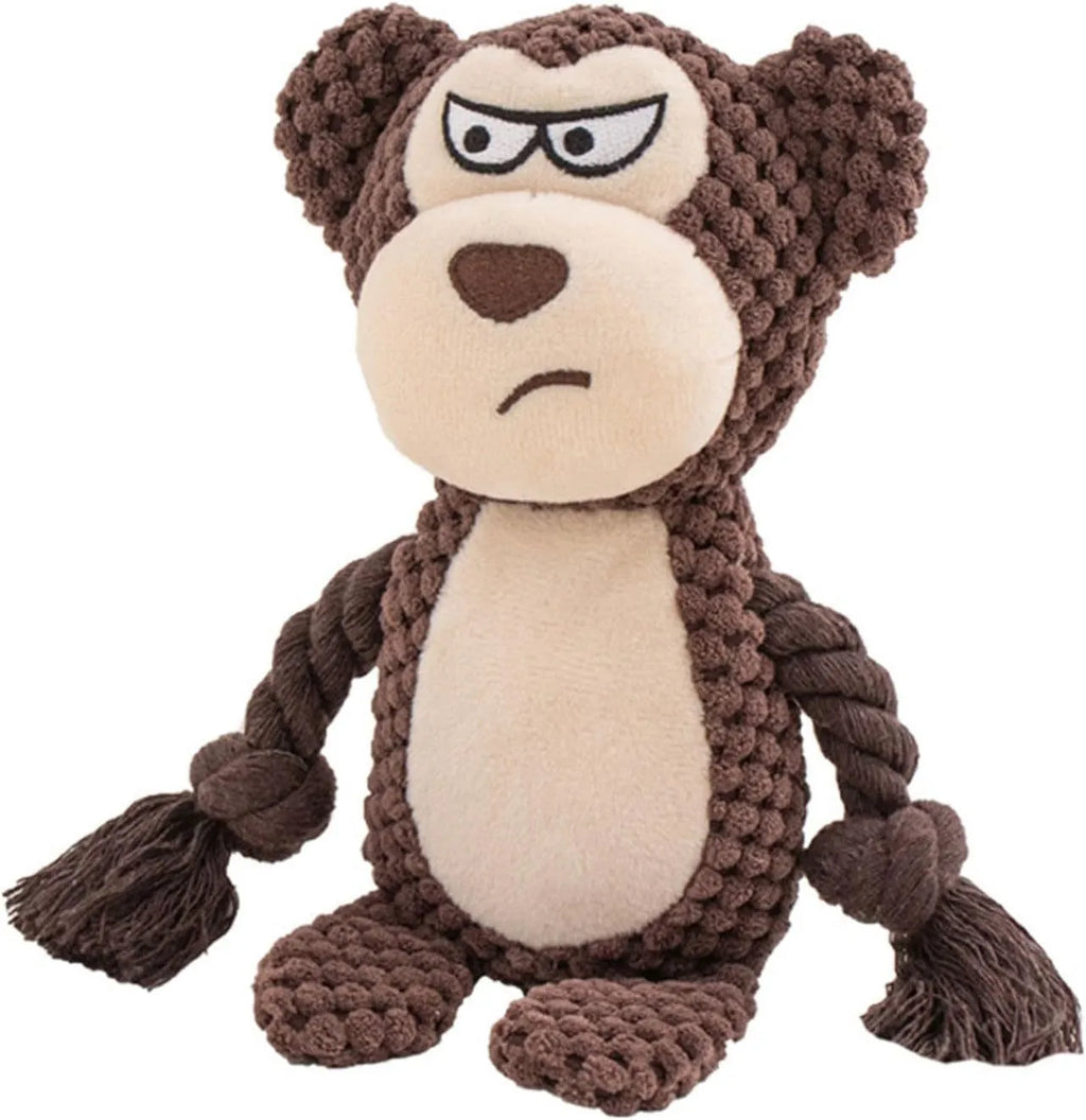Animal-shaped plush dog toy with integrated cotton rope, shown in elephant, fox, monkey, pig, and rabbit designs.