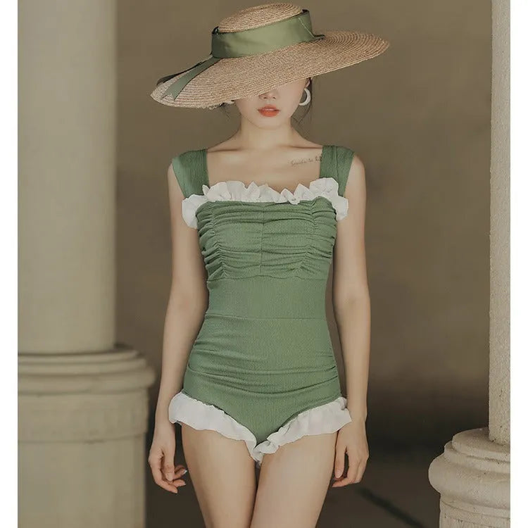 Korean style high-waisted one-piece swimsuit in quick-dry polyester fabric