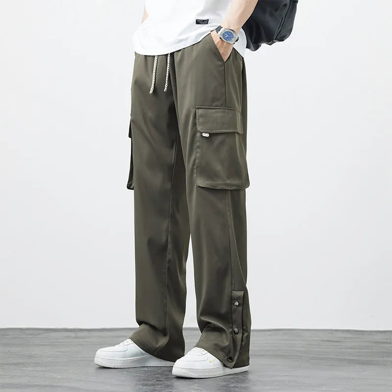 Plus size men's loose straight-leg nylon overalls in black, army green or gray, summer casual work style