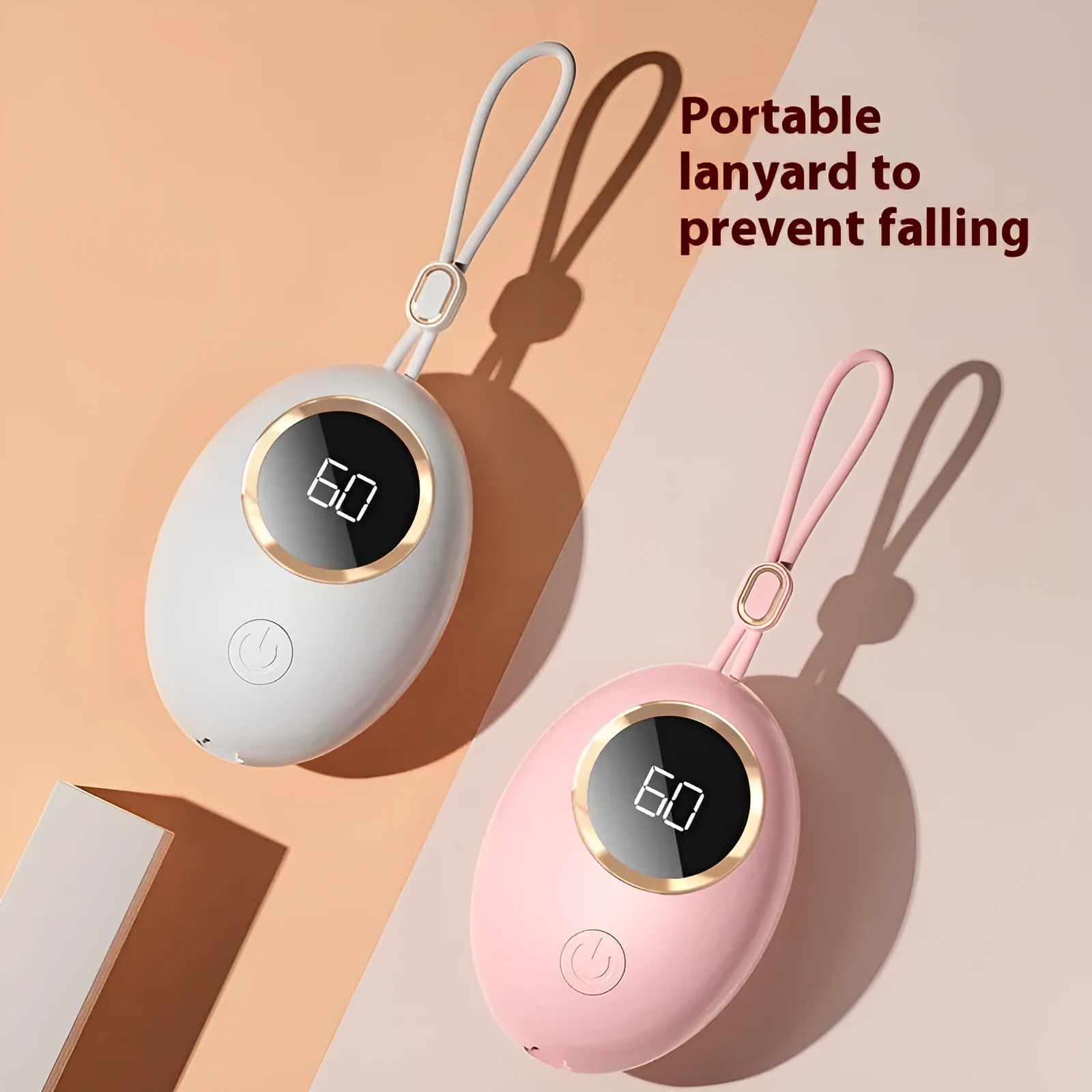 Compact USB-powered hand warmer with digital display in various colour options.
