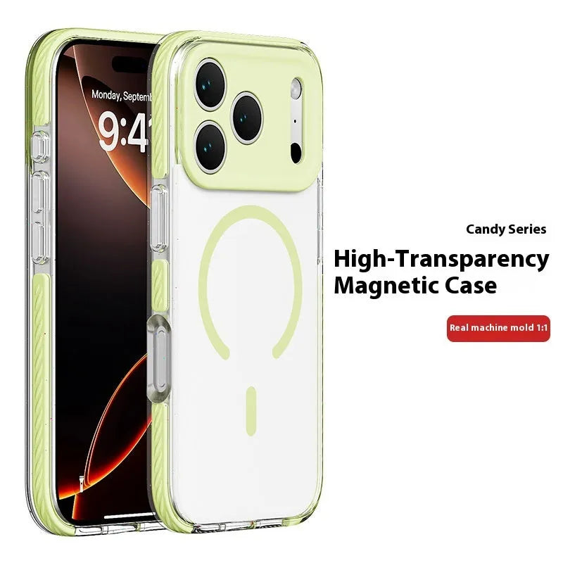 Transparent magnetic protective case for iPhone in candy pink colour, showing clear back and coloured sides.