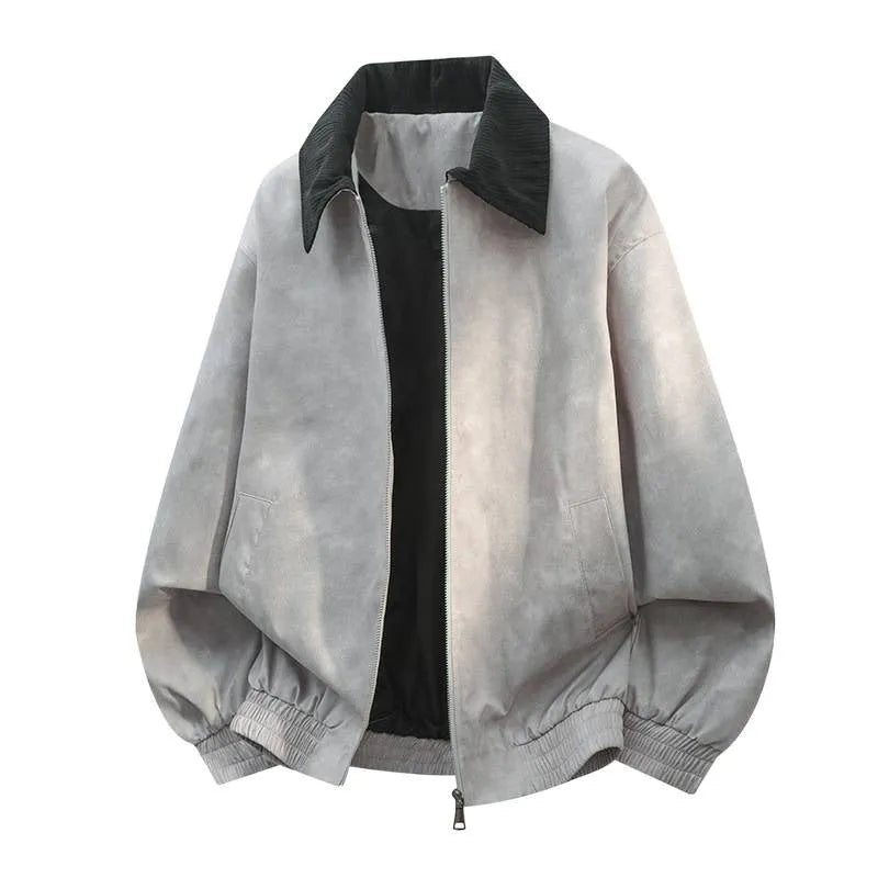 Men's stitching lapel casual jacket in dark colour, showing side seam pockets and straight hem.