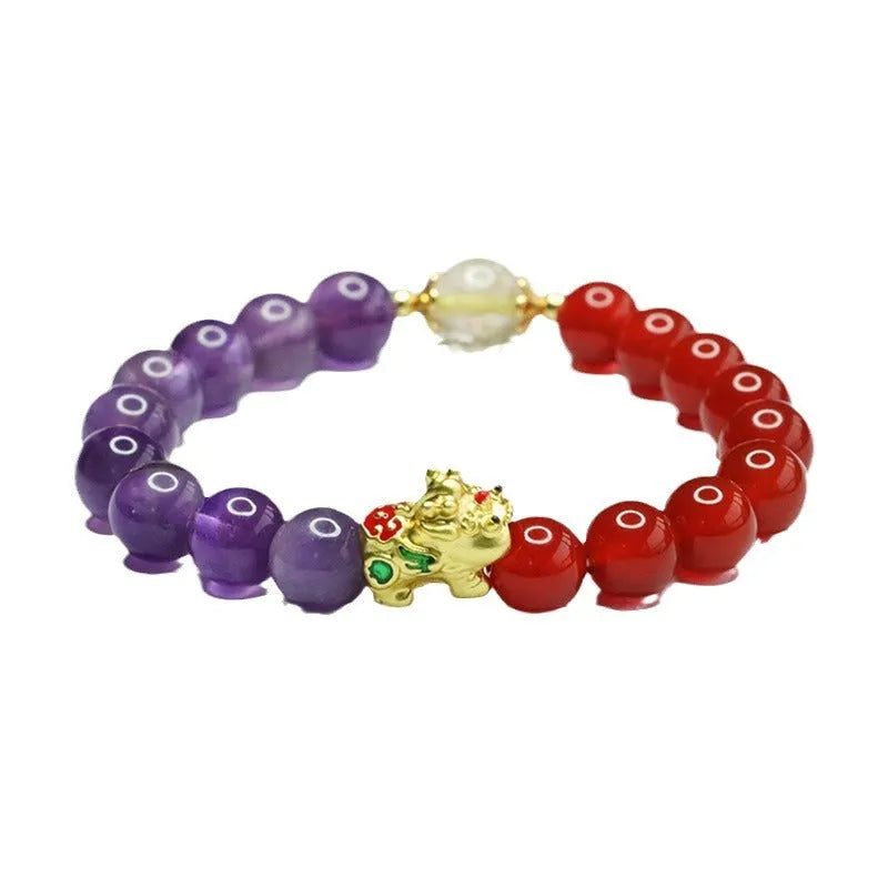 Amethyst and red agate Chinese style bracelet with 8mm beads.