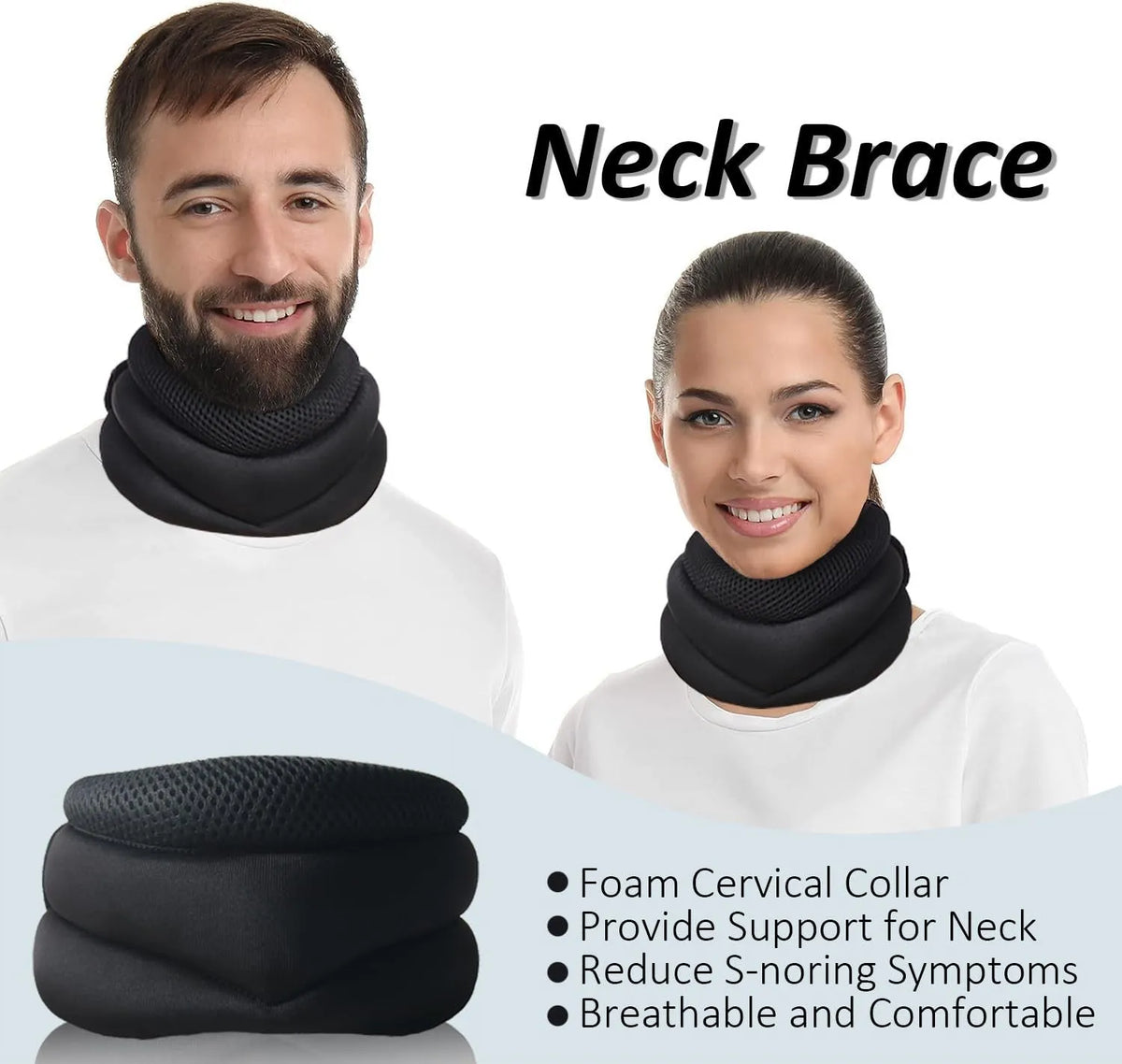 Black foam cervical collar neck brace with adjustable integrated fasteners, 40cm free size, for neck pain relief