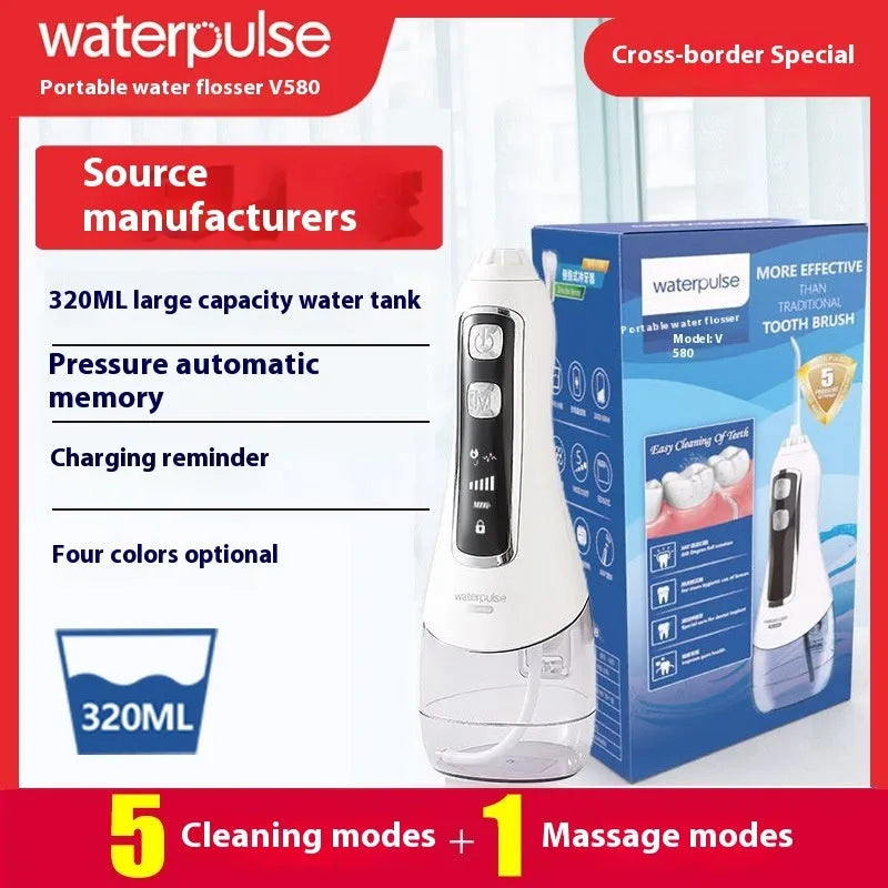 V580 portable electric dental irrigator with 320ml water tank in white, black, blue, and purple options