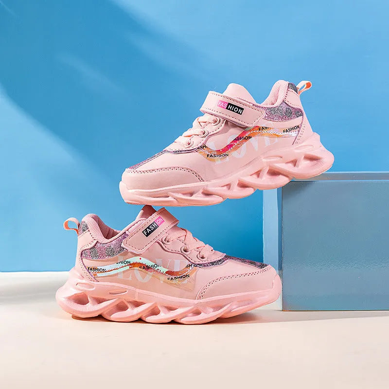 Korean style girls sports shoes in white with Space PU upper and MD sole, side view