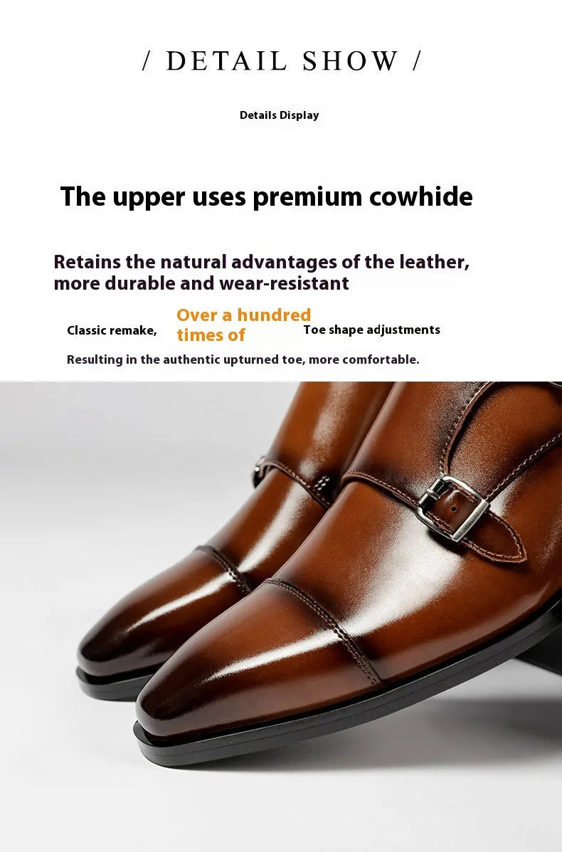 Men's black leather shoes with square toe design and low-top height for business formal wear