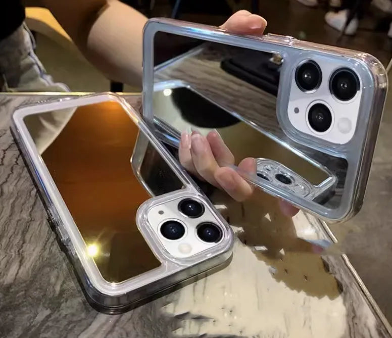 iPhone 15 makeup mirror phone case in silver mirror finish with soft rubber acrylic cover