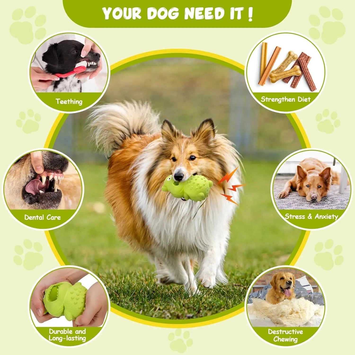 Green and yellow natural rubber dog chew toy with squeaker for large breed dogs