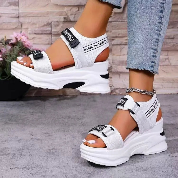 White women's summer wedge sandals with platform, fish mouth toe, and Velcro closure