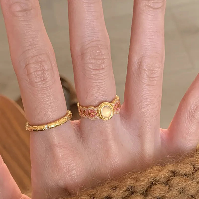Pink crystal enamel geometric open ring with gold-plated copper adjustable design