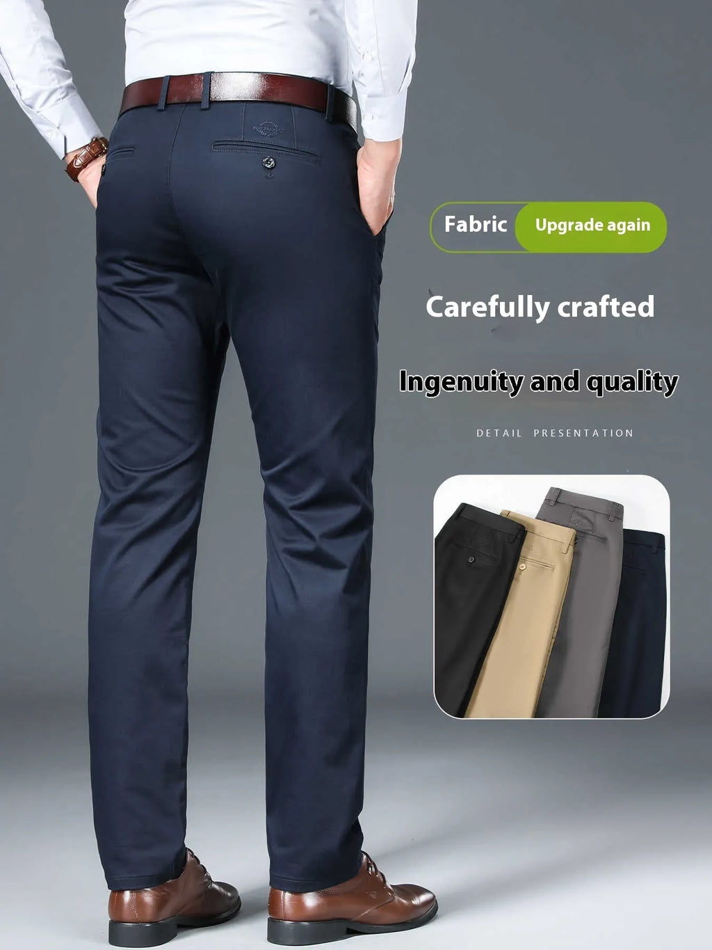 Men's non-iron straight leg trousers in four colours with waist size range 28-42