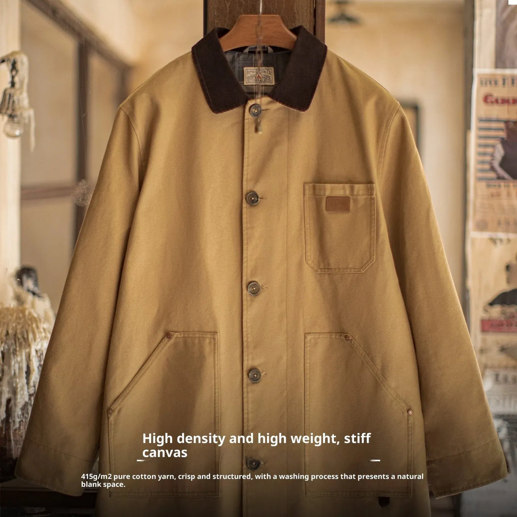 Men's cotton trench coat mid-length in solid khaki colour with loose fit, shown front view