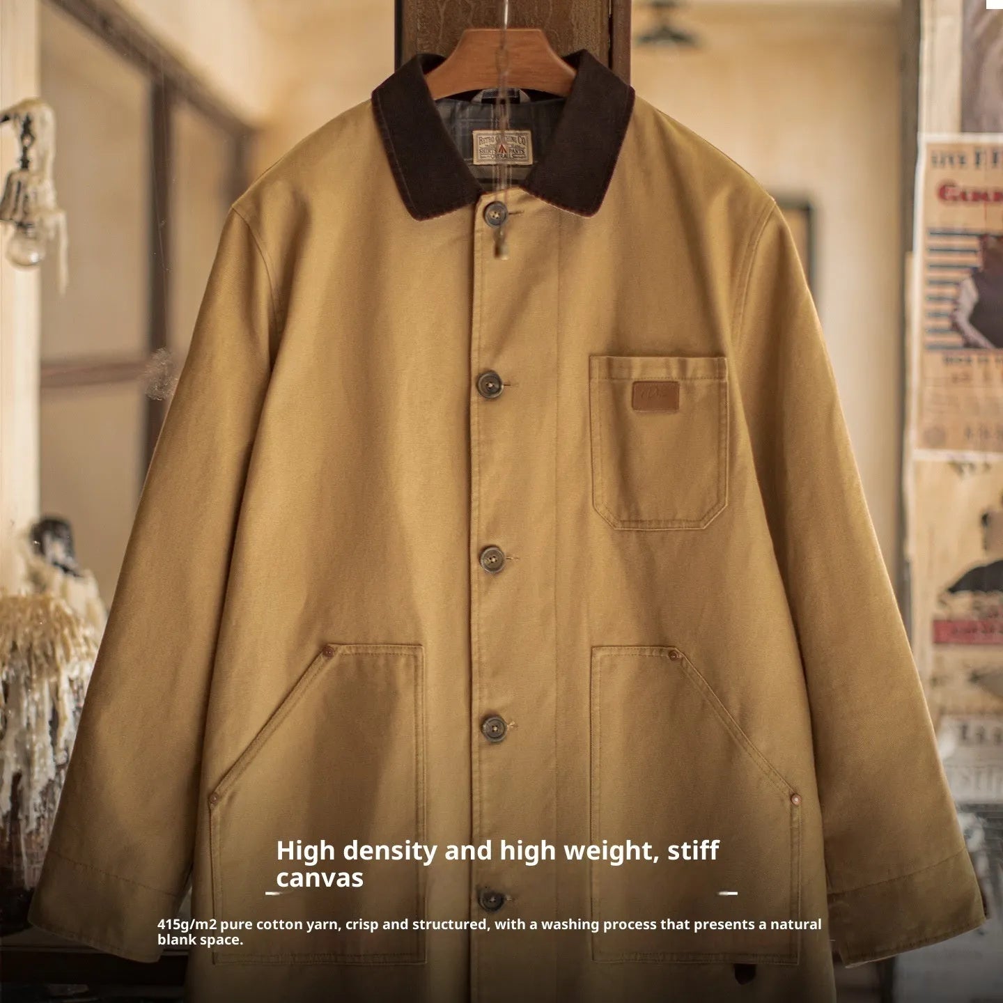 Men's cotton trench coat mid-length in solid khaki colour with loose fit, shown front view