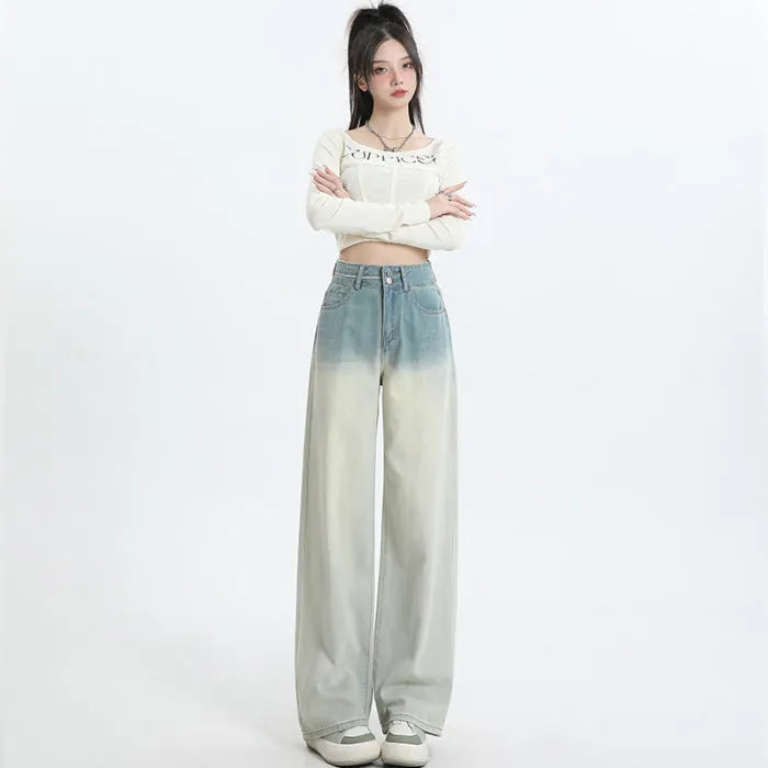 Women's gradient blue straight-leg jeans in cotton denim with wide leg opening